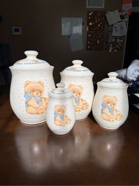 Vintage Tienshan Stoneware Teddy Bear Cannister Cookie Jar Set of 4